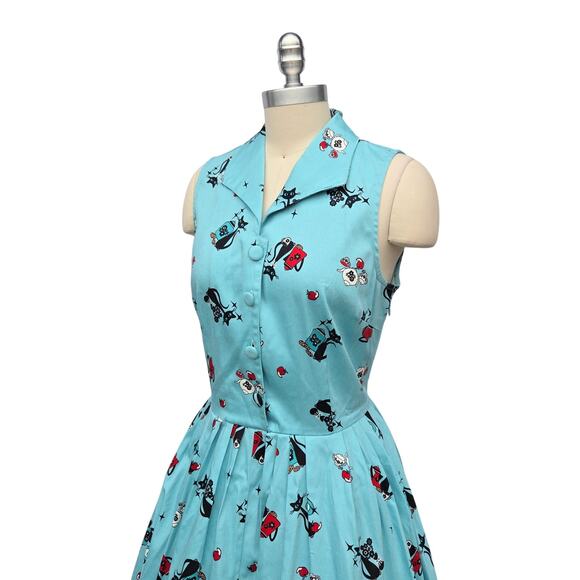 VooDoo Vixen Kitchen Kitten Betty Dress Size L 8 New Blue Fit Flare Cats Retro - Picture 7 of 10